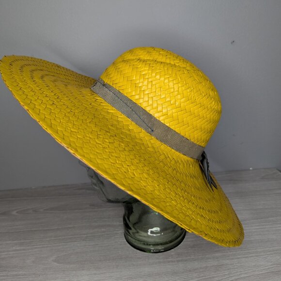 Vintage Yellow & Tan Straw Woven Wide Brim Hat w/Ribbon Accent - Picture 2 of 11